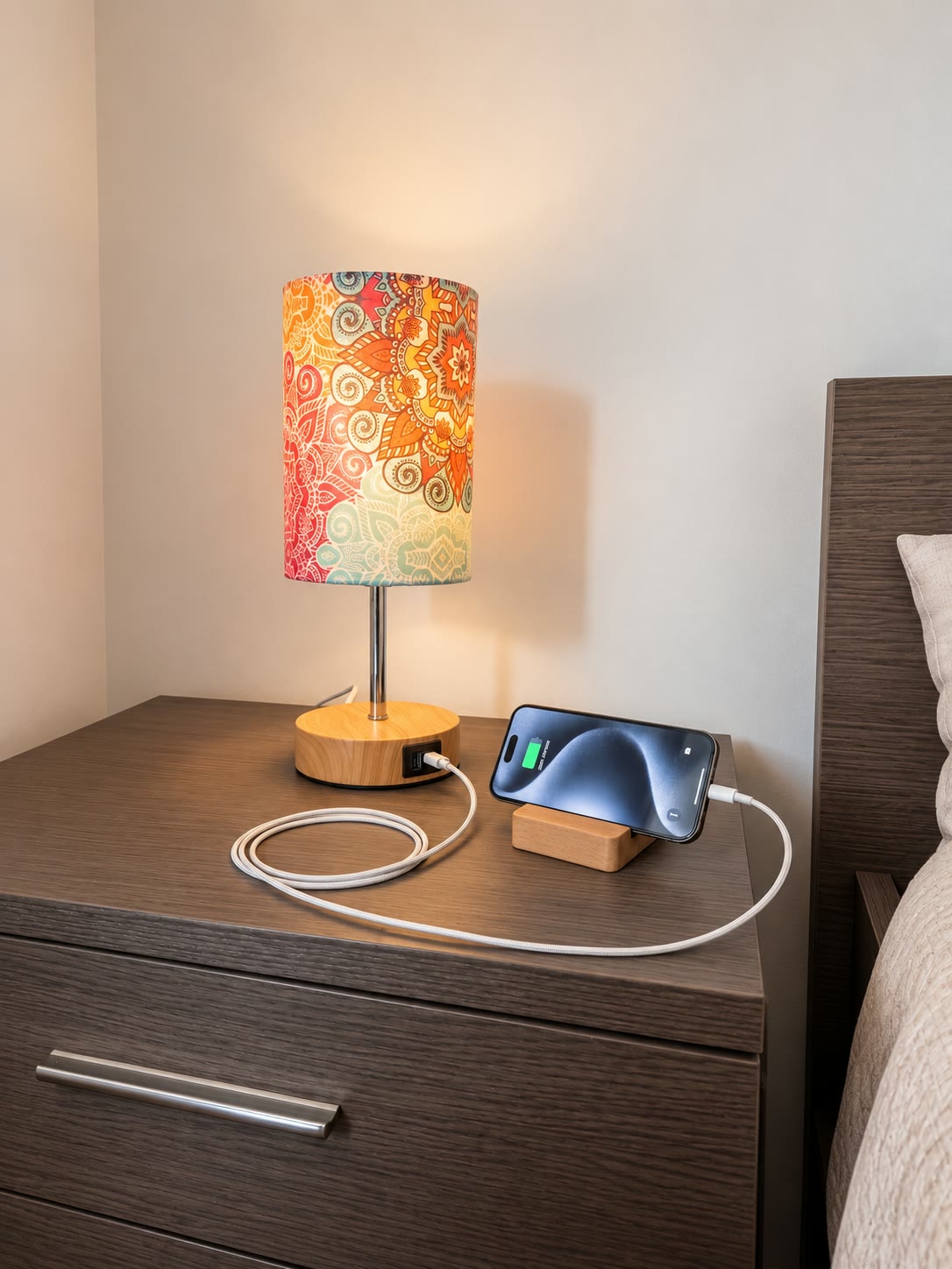 Comodino della camera con lampada e prese elettriche